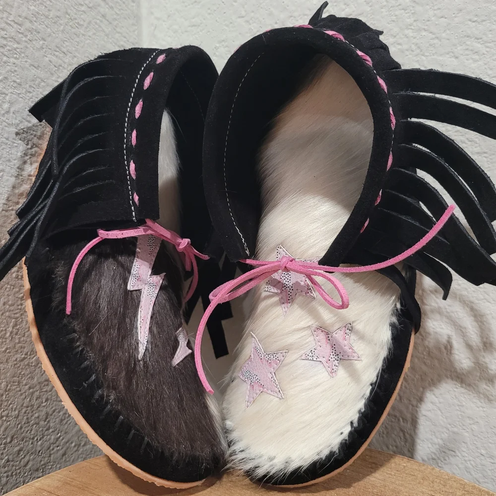 Black and White Cowhide Moccasins with Pink Accents - Picture 2 of 5